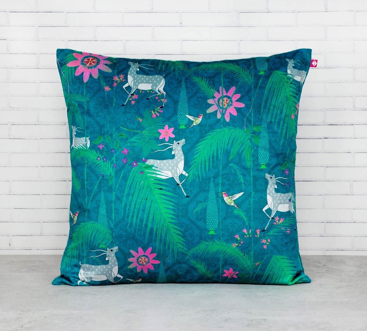 India Circus Teal Forest Fetish Blended Velvet Cushion Cover