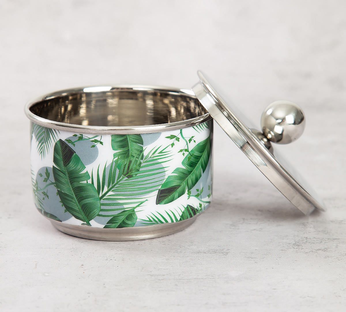 India Circus Tropical Leaves Steel Bowl with Lid