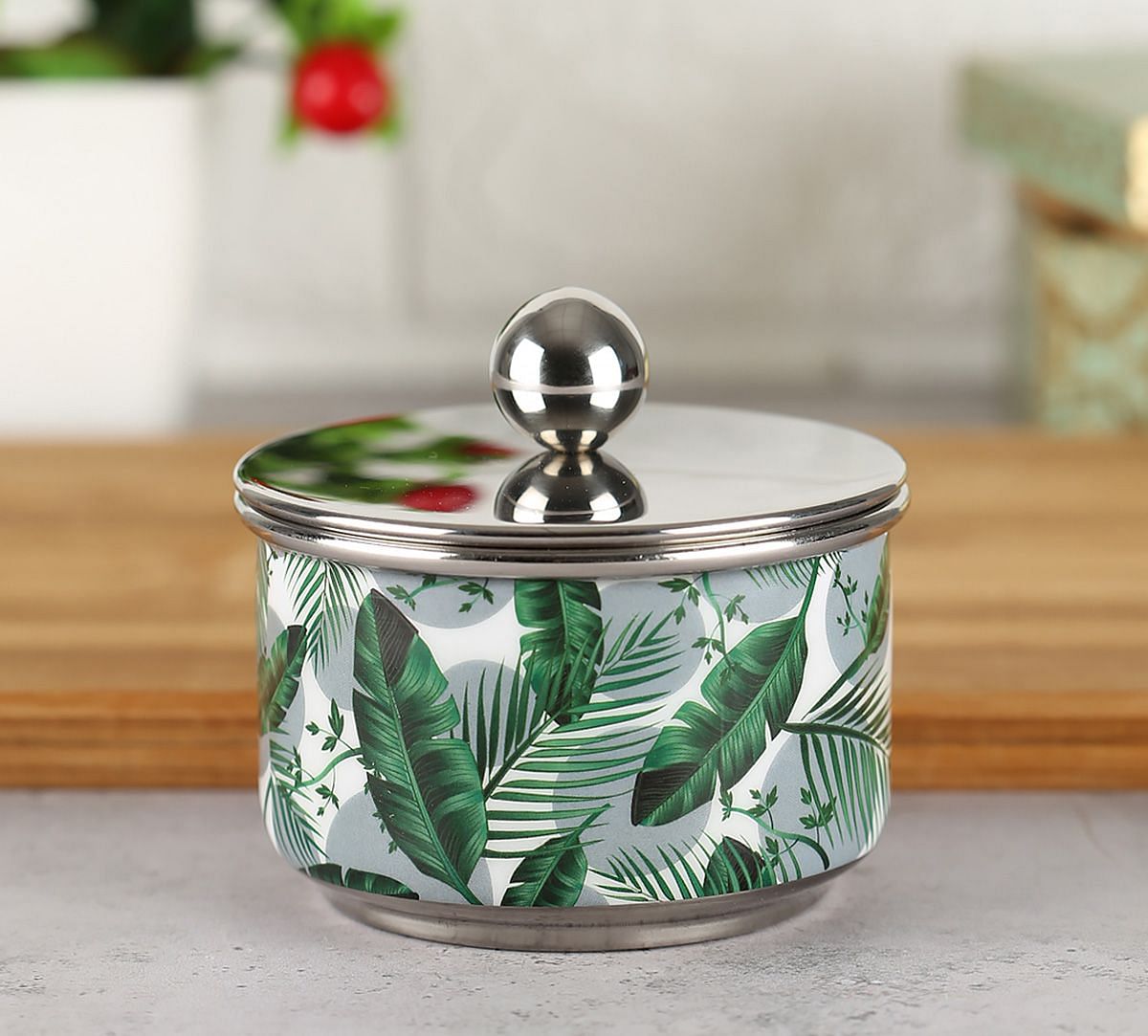 India Circus Tropical Leaves Steel Bowl with Lid