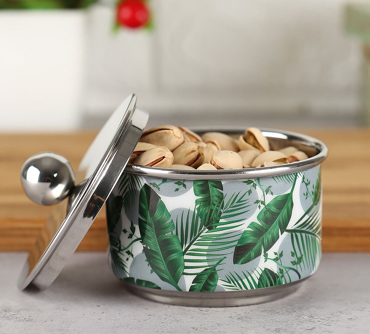 India Circus Tropical Leaves Steel Bowl with Lid