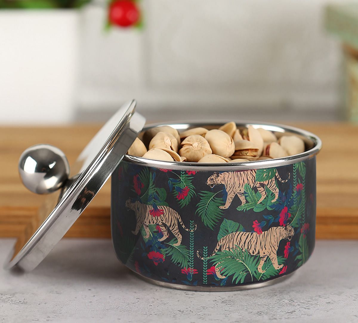 India Circus Tropical Tiger Steel Bowl with Lid