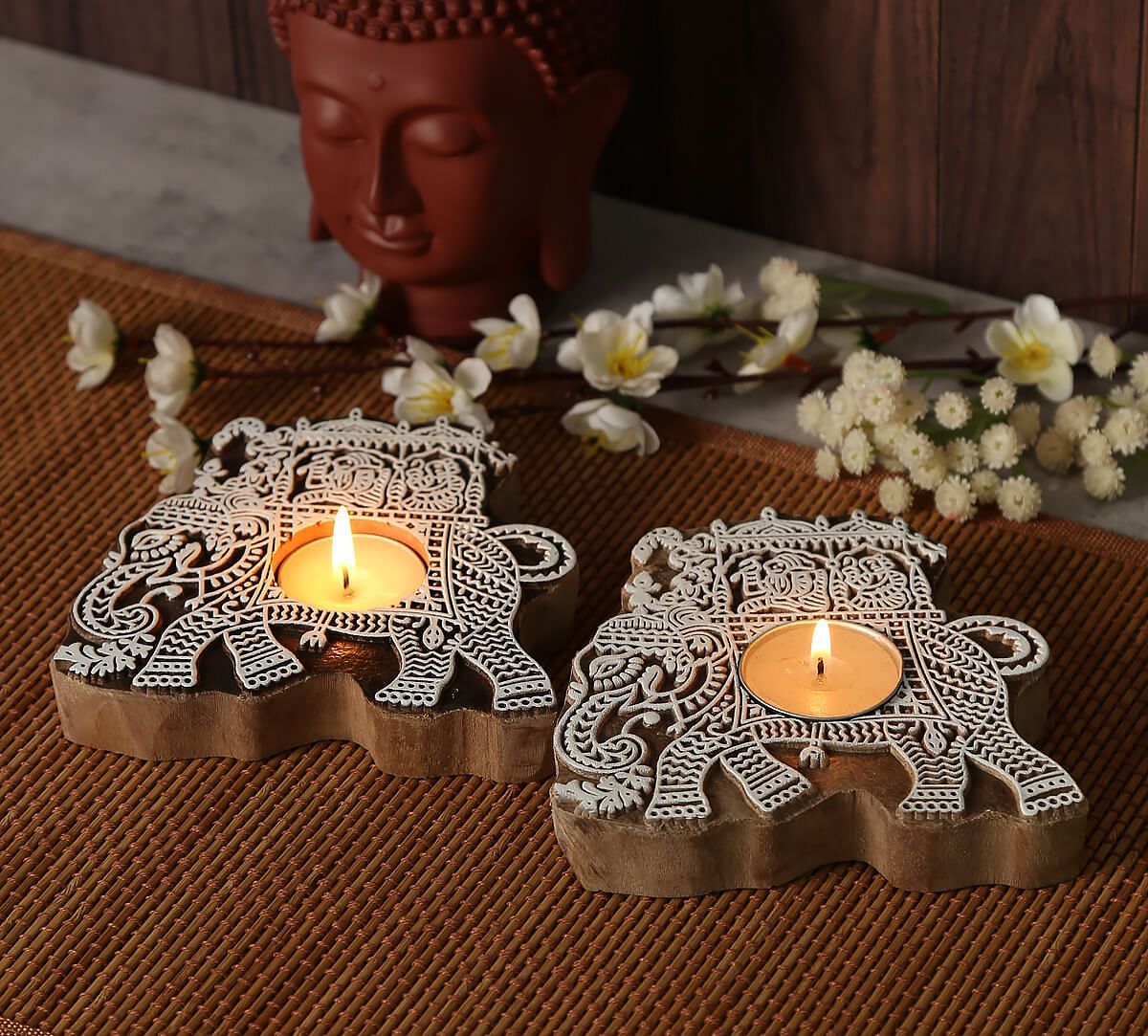 India Circus Tusker Chariot Wooden Engraved Tea Light Holder Set of 2