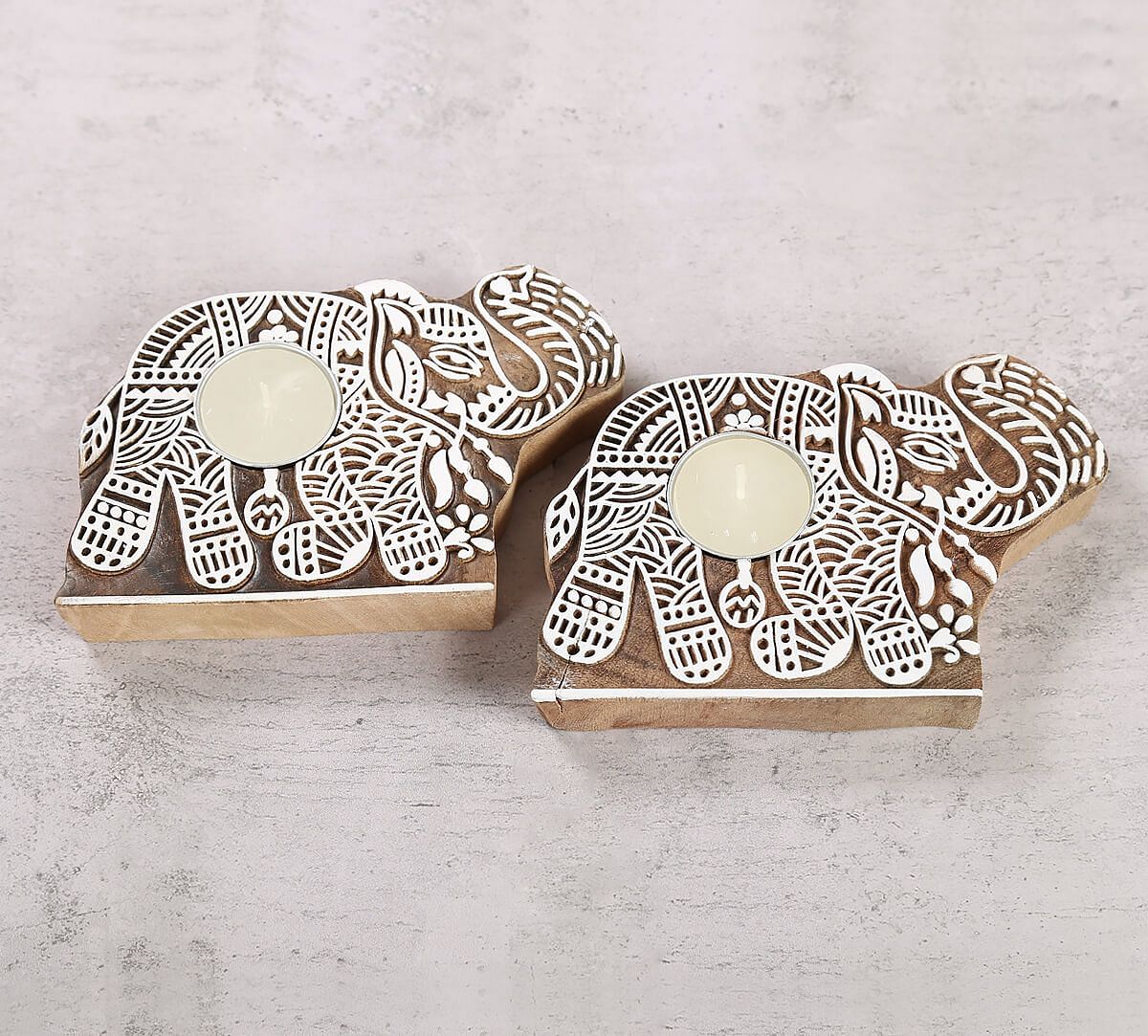 India Circus Tusker Shaped Wooden Engraved Tea Light Holder Set of 2