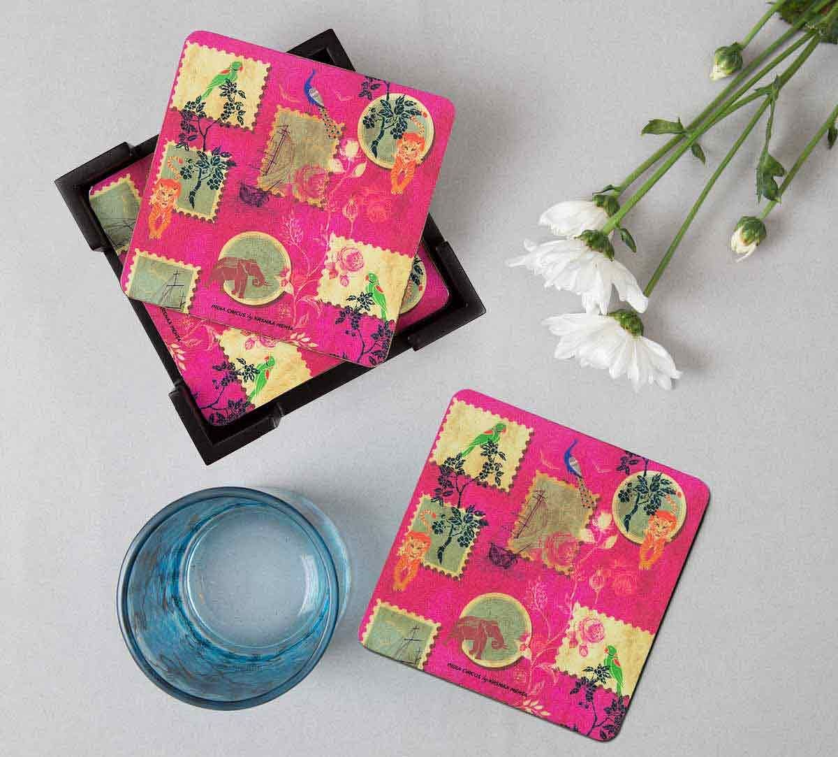 India Circus Wildlife Stamps Table Coaster Set of 6