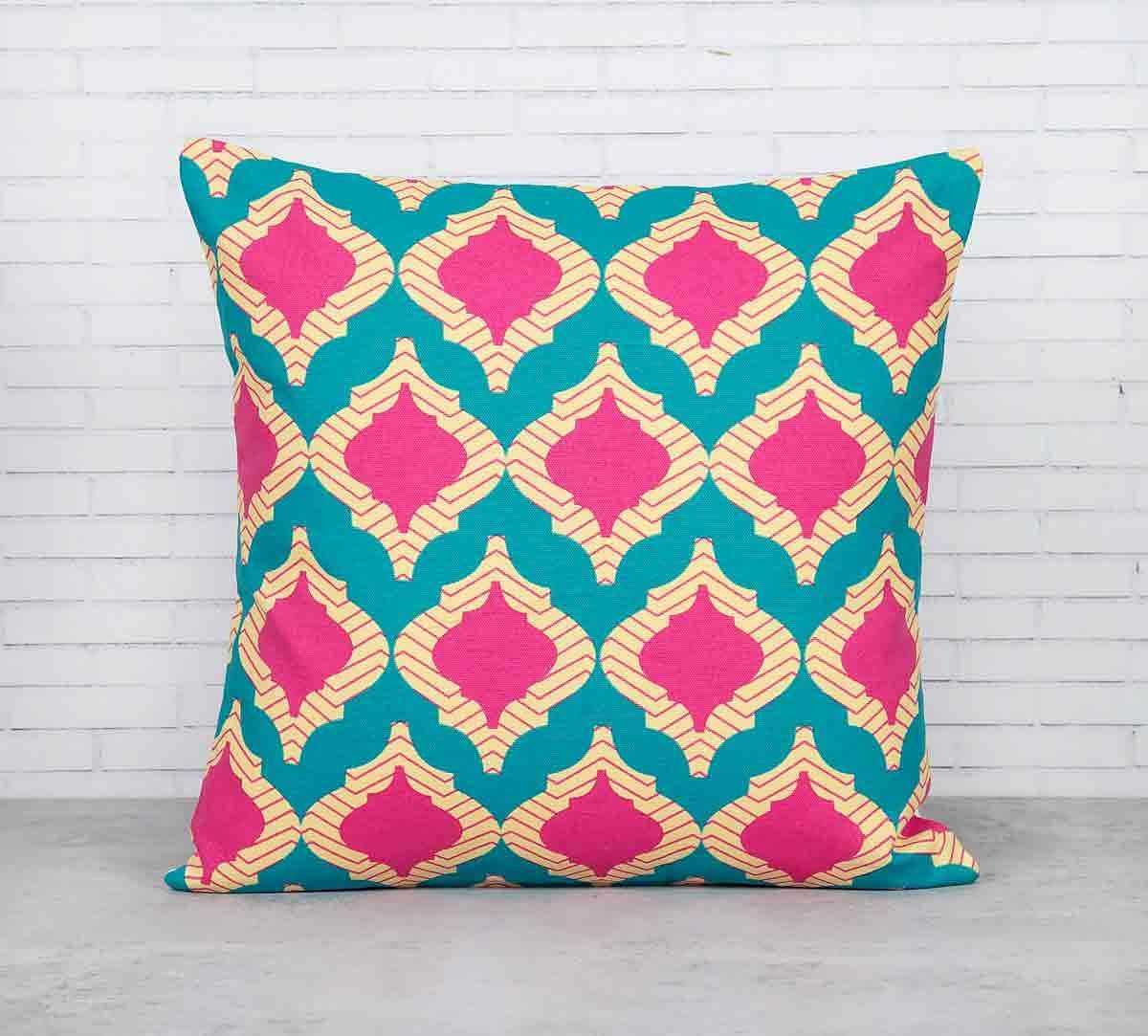 India Circus Lattice Practice Turquoise Blue Cotton Cushion Cover