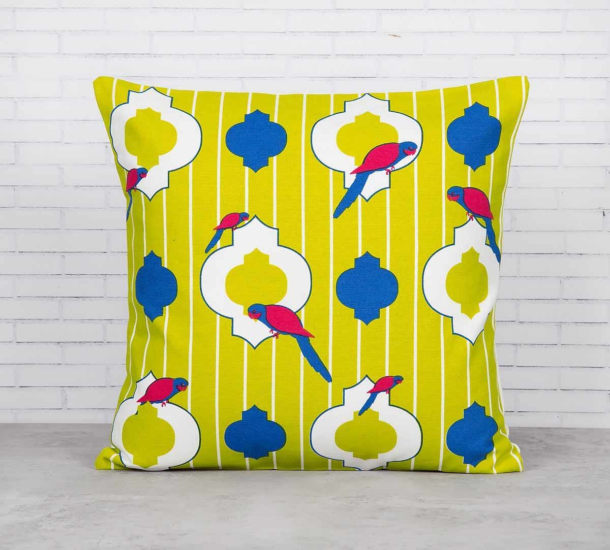 India Circus Peeking Parrots Green Cotton Cushion Cover