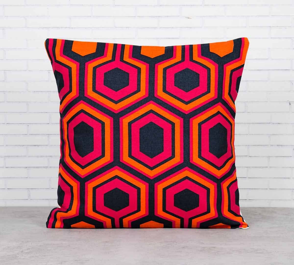 India Circus Prismatic Hexagons Crimson Cotton Cushion Cover