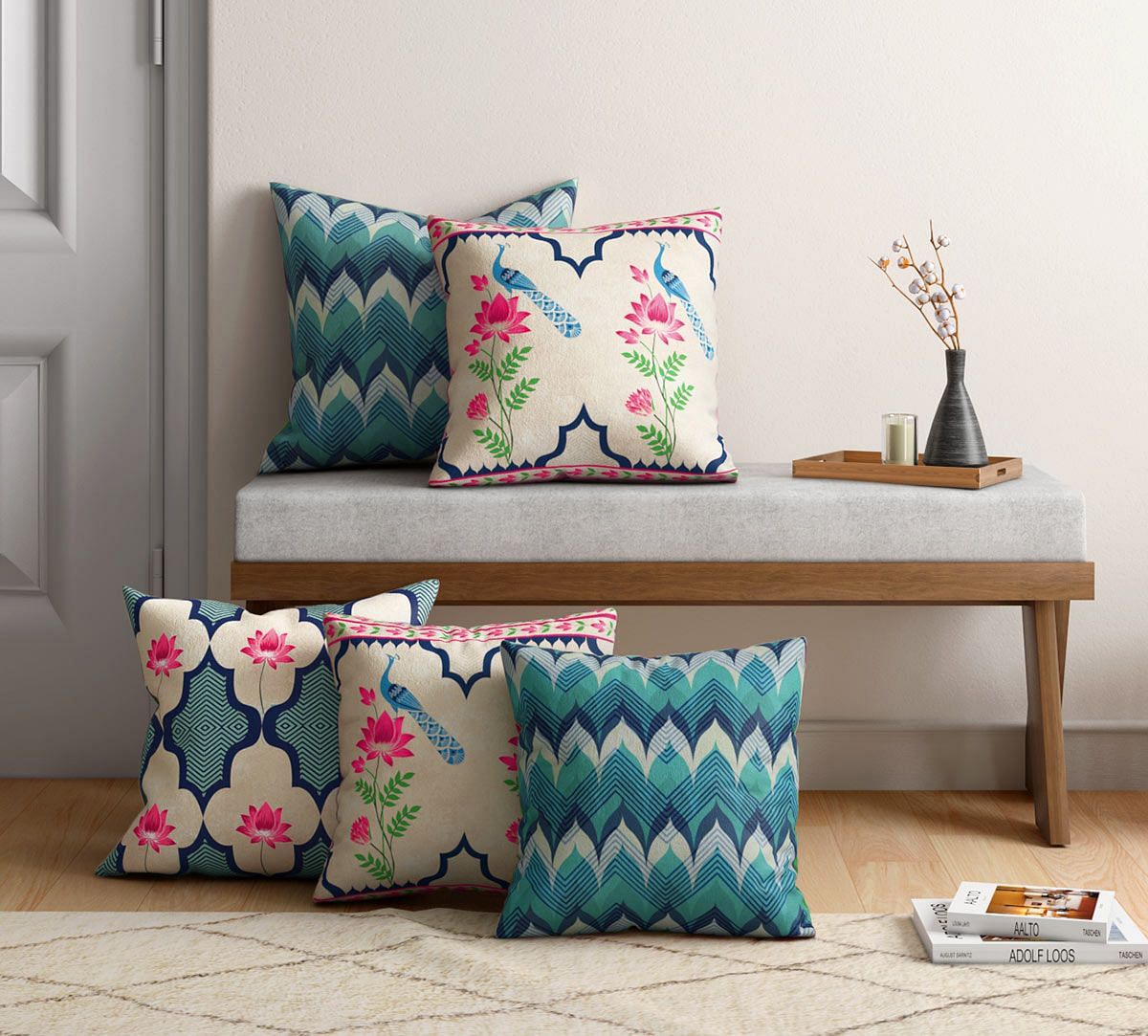 India Circus by Krsnaa Mehta Indigo Mayhem Satin Blend Cushion Cover Set of 5