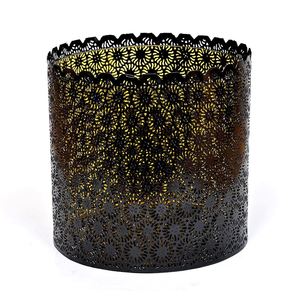  Amber Glass and Scalloped Black Iron Lattice Hurricane