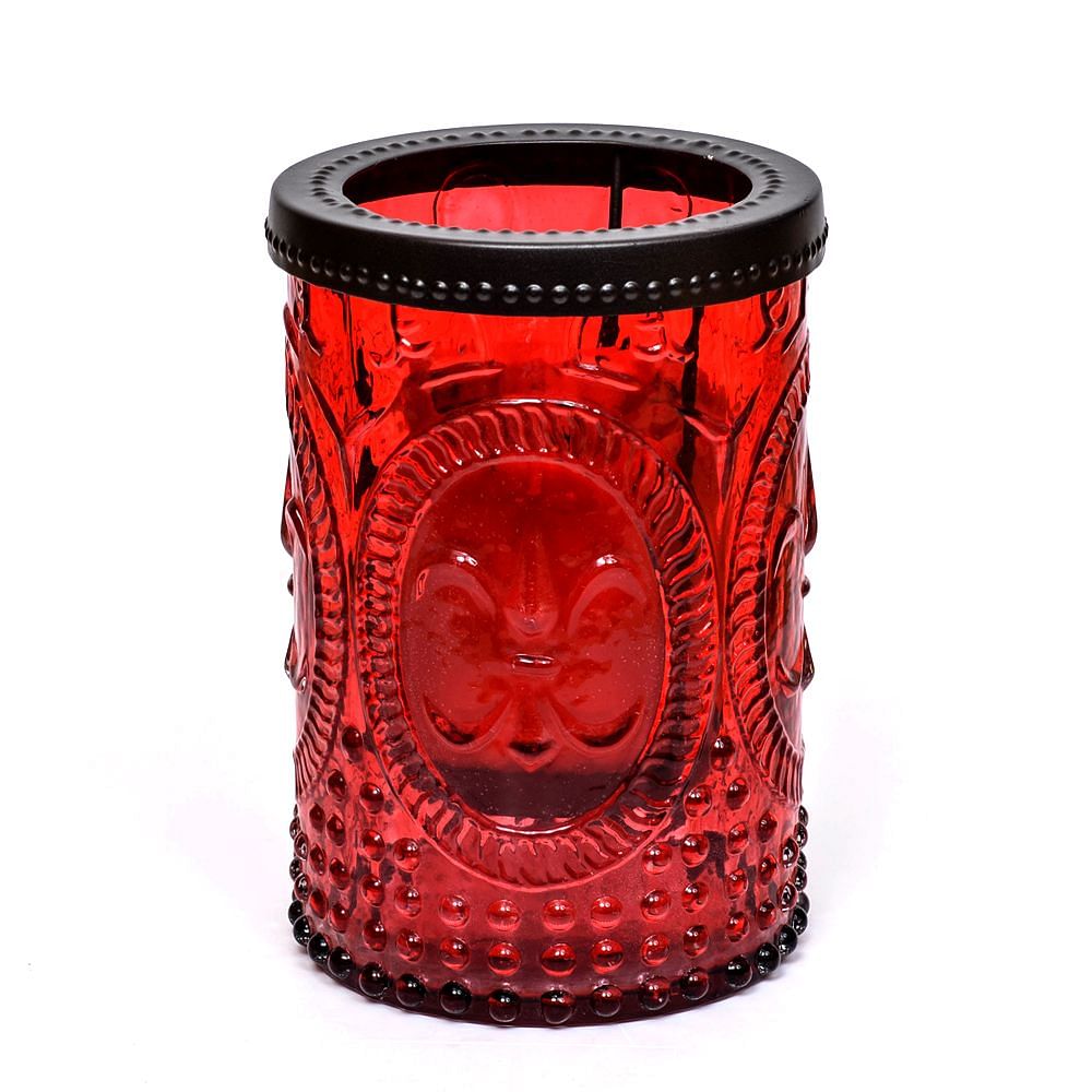  Embossed Red Glass Hurricane, with Black Iron Rim