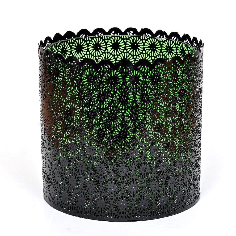  Light Green Glass and Scalloped Black Iron Lattice Hurricane