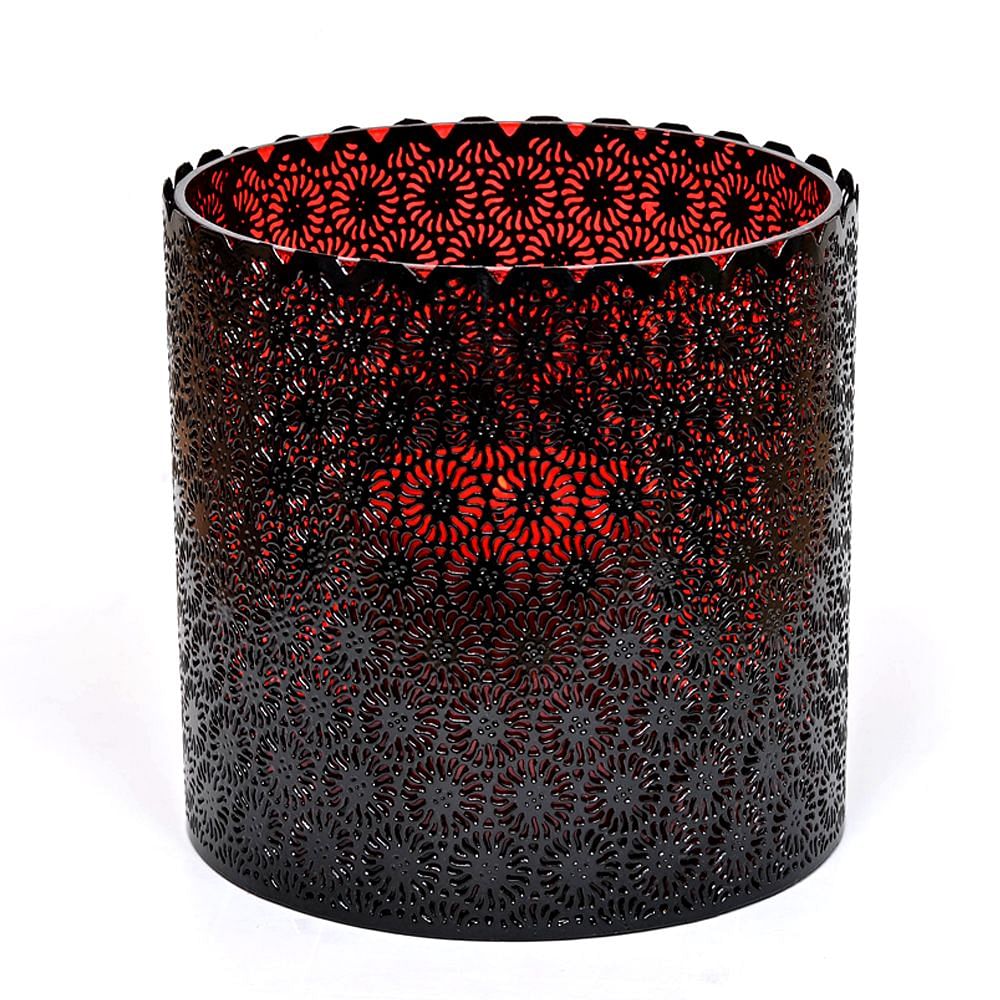  Red Glass and Scalloped Black Iron Lattice Hurricane
