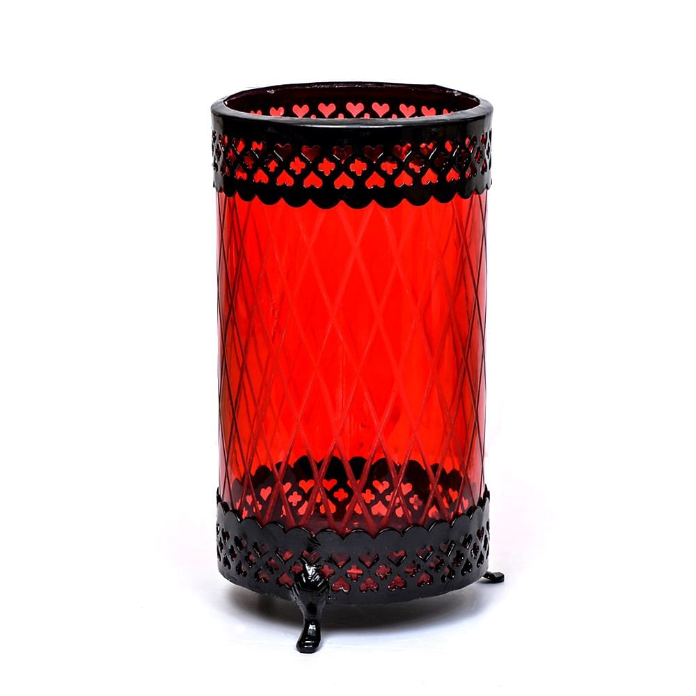  Red Glass Hurricane, with Black Iron Rim
