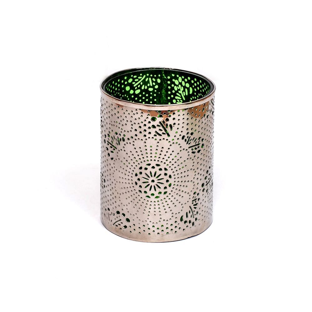 Silver Lattice work Candle Votive-Green