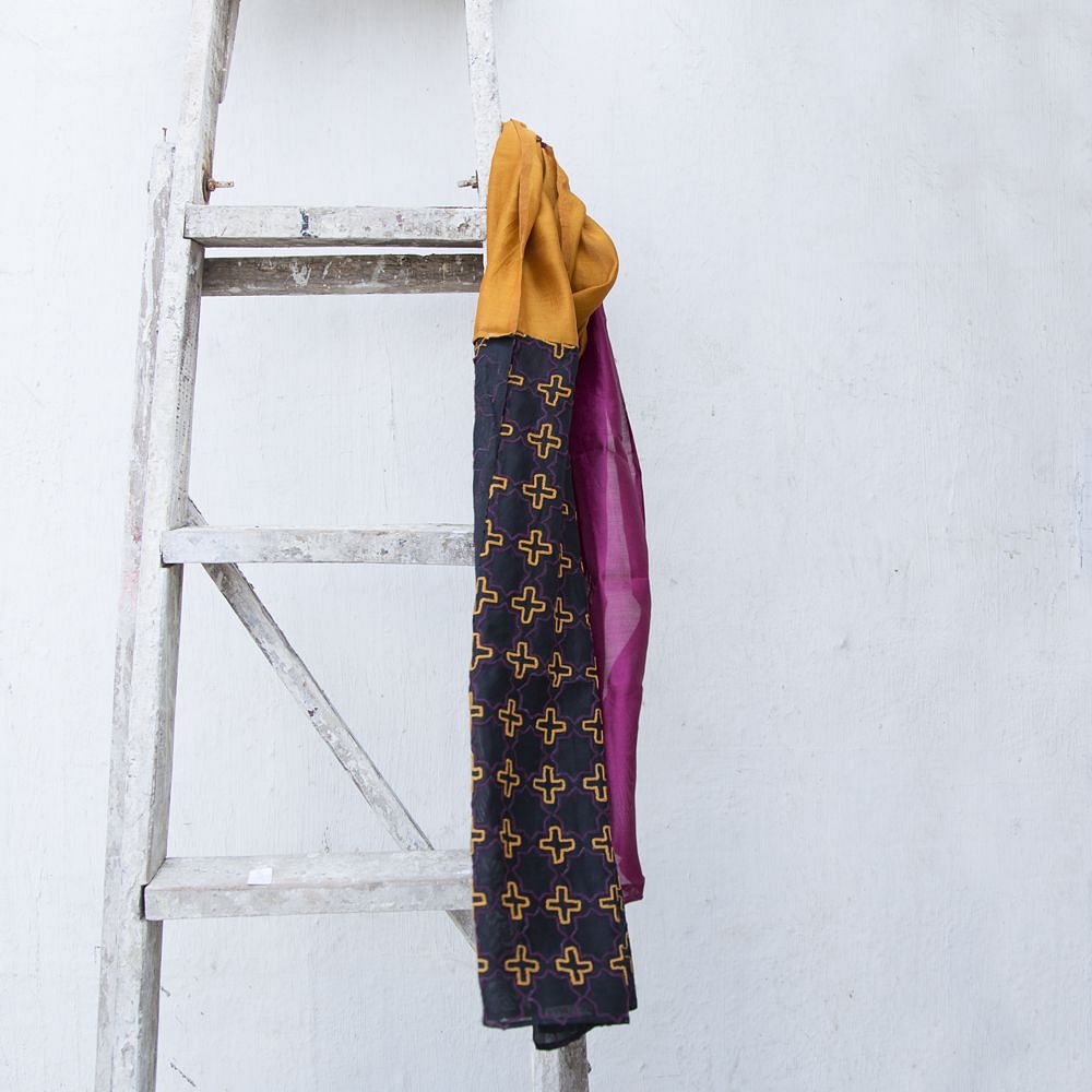 Pink Yellow Embroidered Silk Stole
