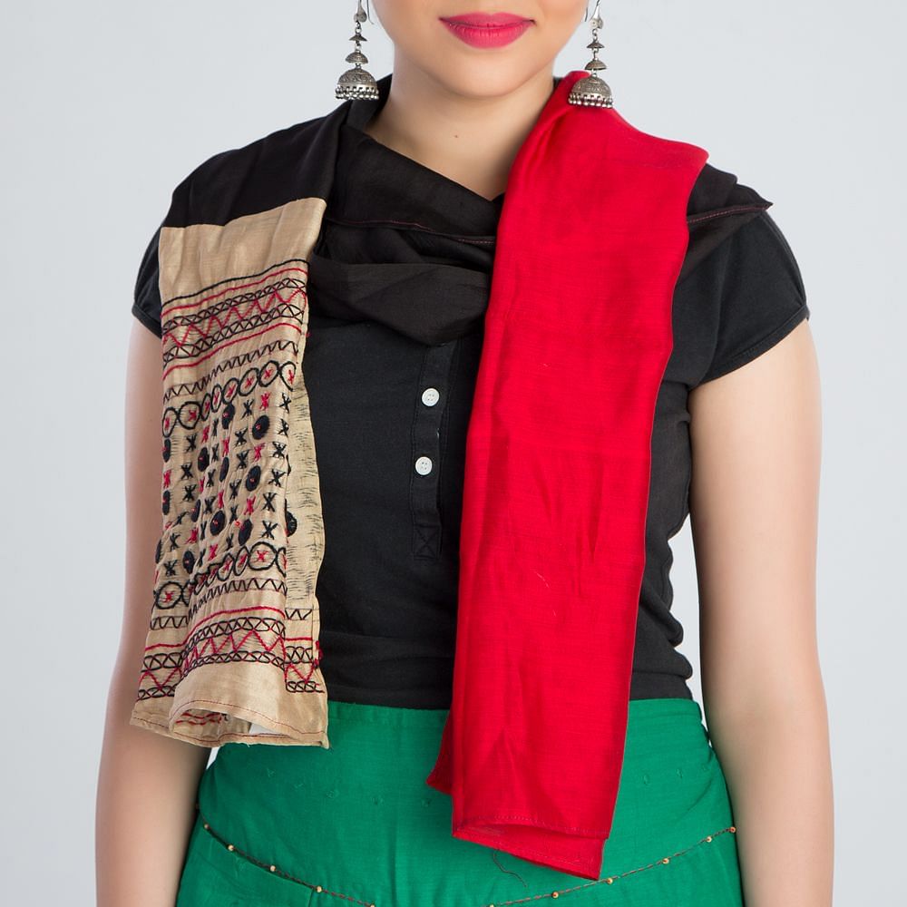 Red Black Embroidered Silk Stole