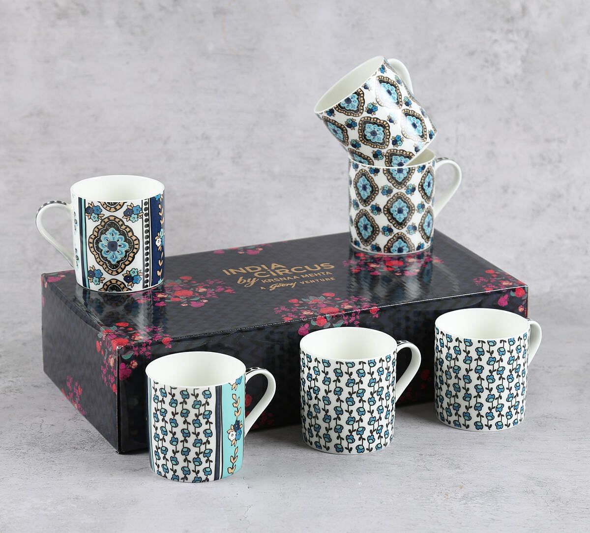 India Circus Sketch Pattern Coffee Mug Set of 6