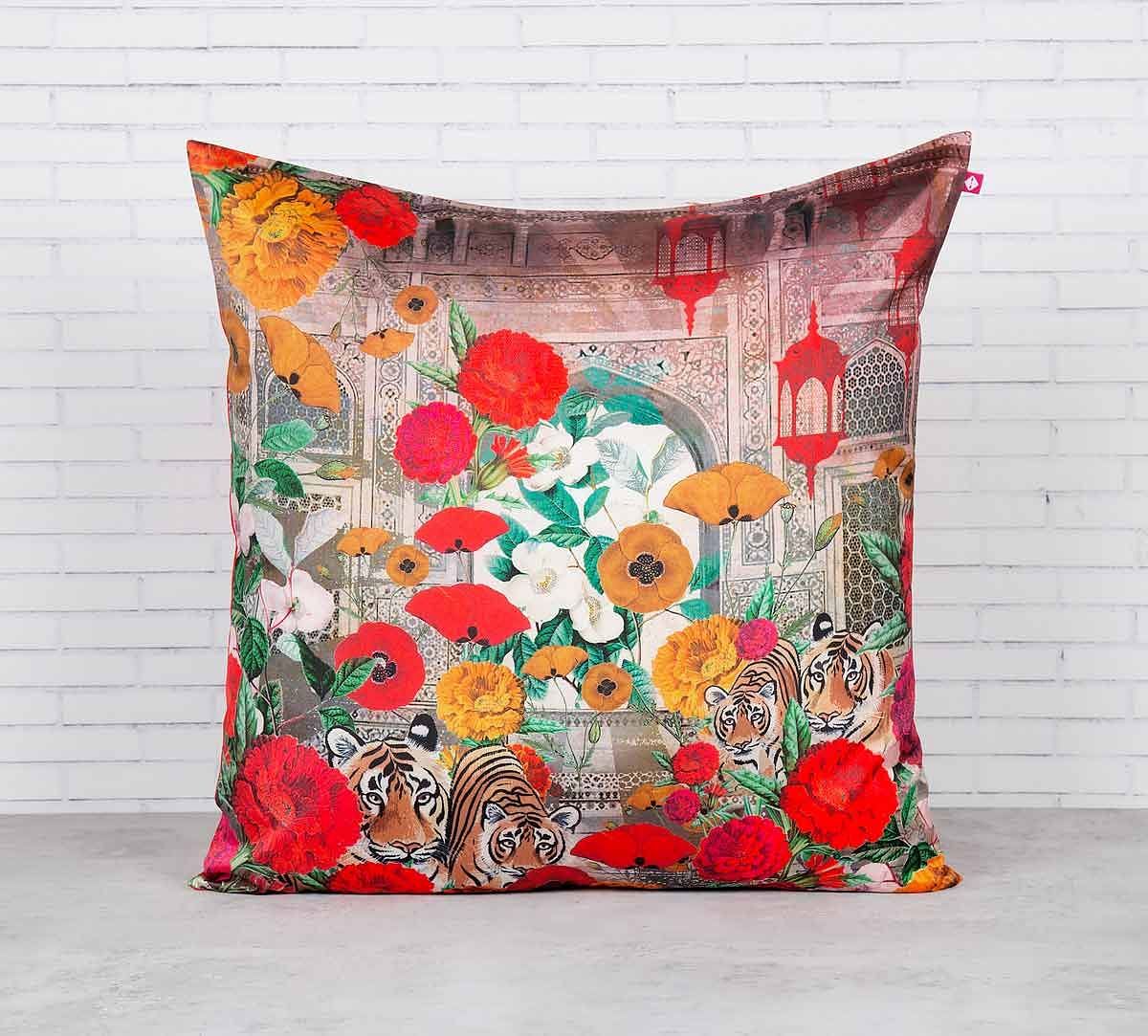 India Circus Tiger Hiding in the Floral Burst Blended Taf Silk Cushion Cover