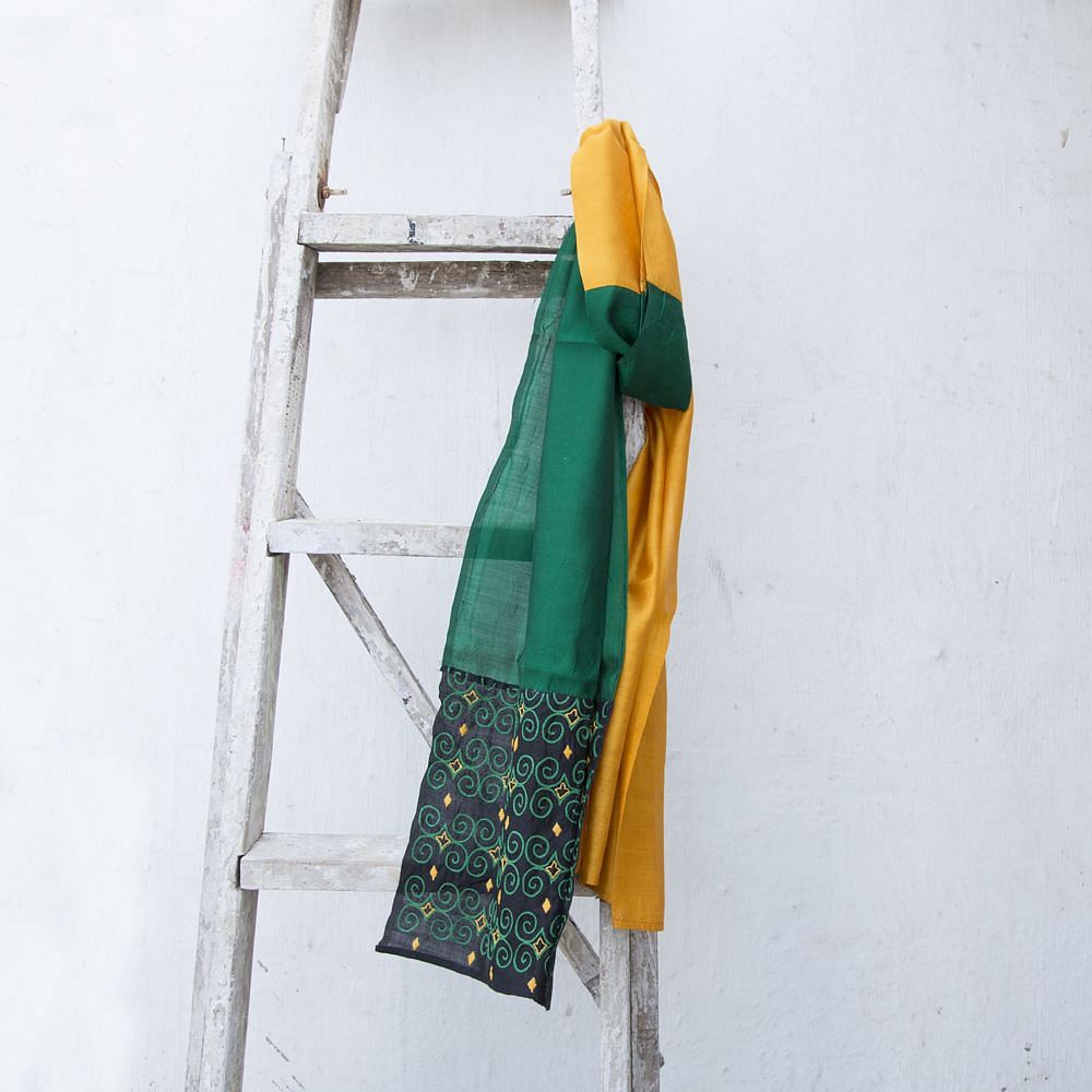 Yellow Green Embroidered Silk Stole
