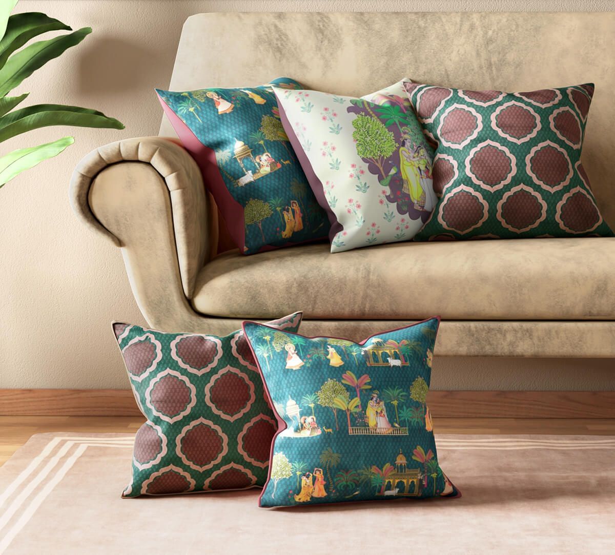 Gopis in Gokul Cushion Cover Set of 5