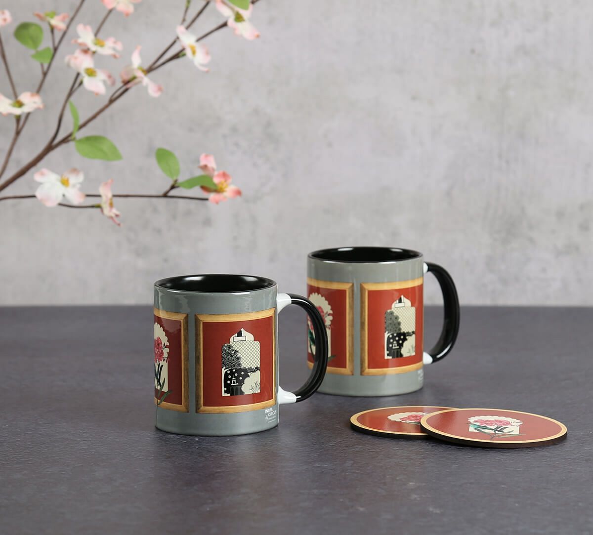 Fluttering Blooms Ceramic Mugs & Coasters Combo Set of 2