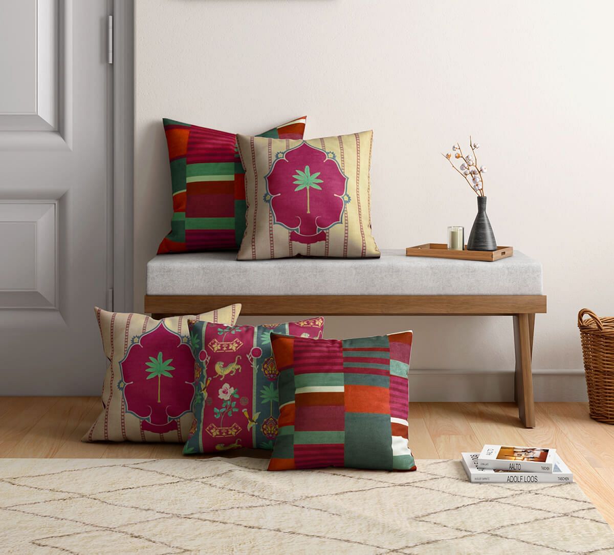 Peepal & Palm Blended Velvet Cushion Cover Set of 5
