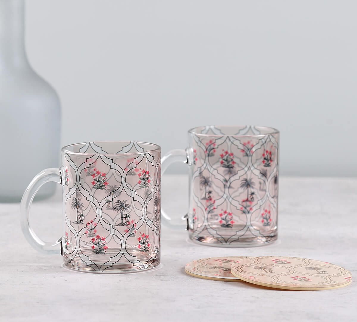 Tropic Tryst Glass Mugs & Coasters Combo Set of 2