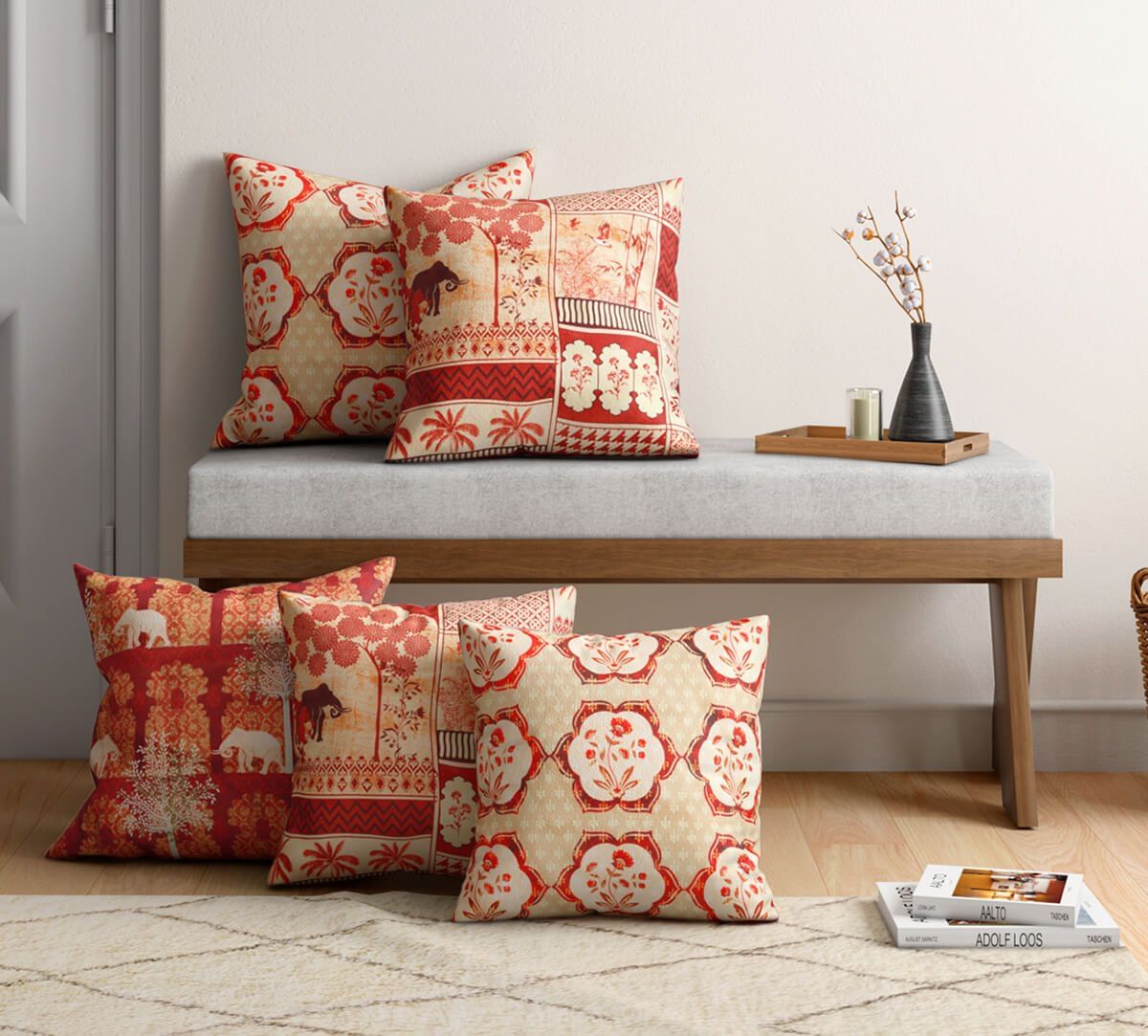 Ancient Haathi Blended Velvet Cushion Cover Set of 5