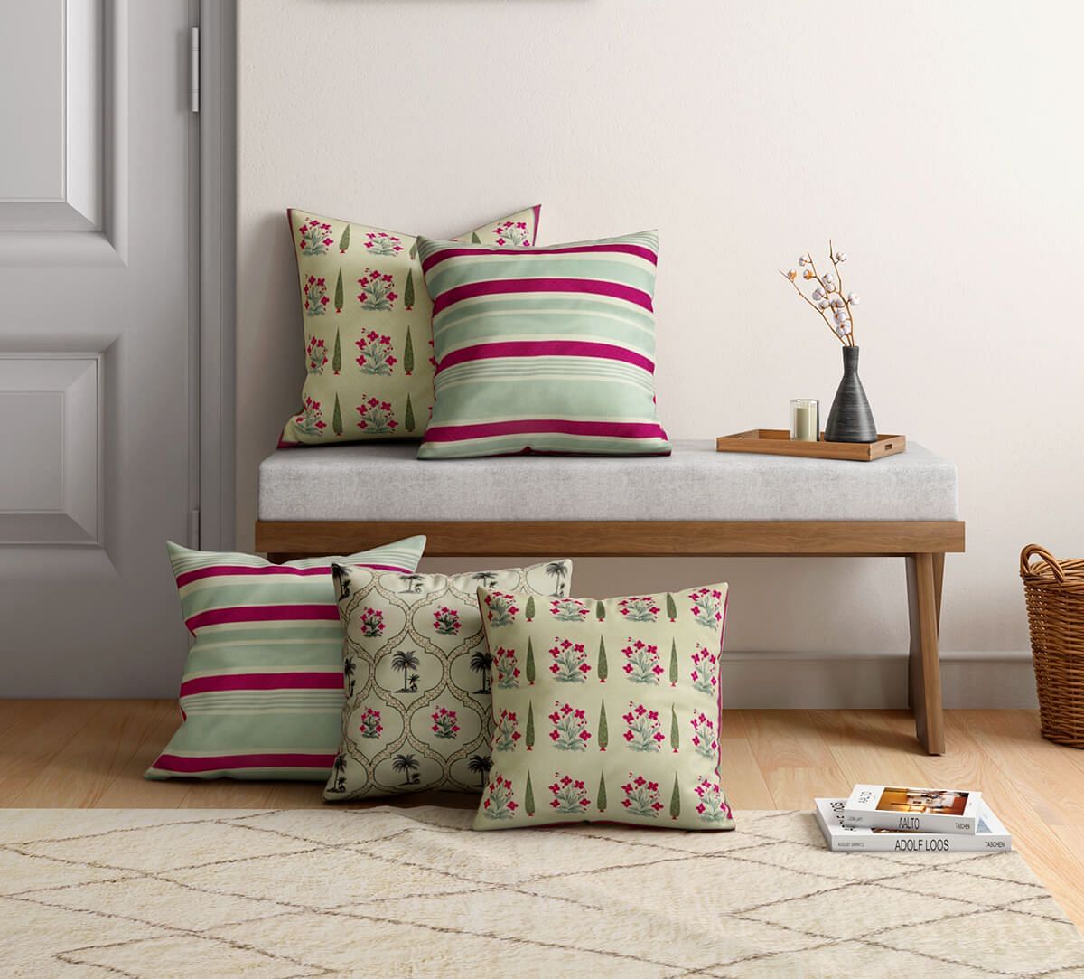 Jharonkha Vann Blended Velvet Cushion Cover Set of 5