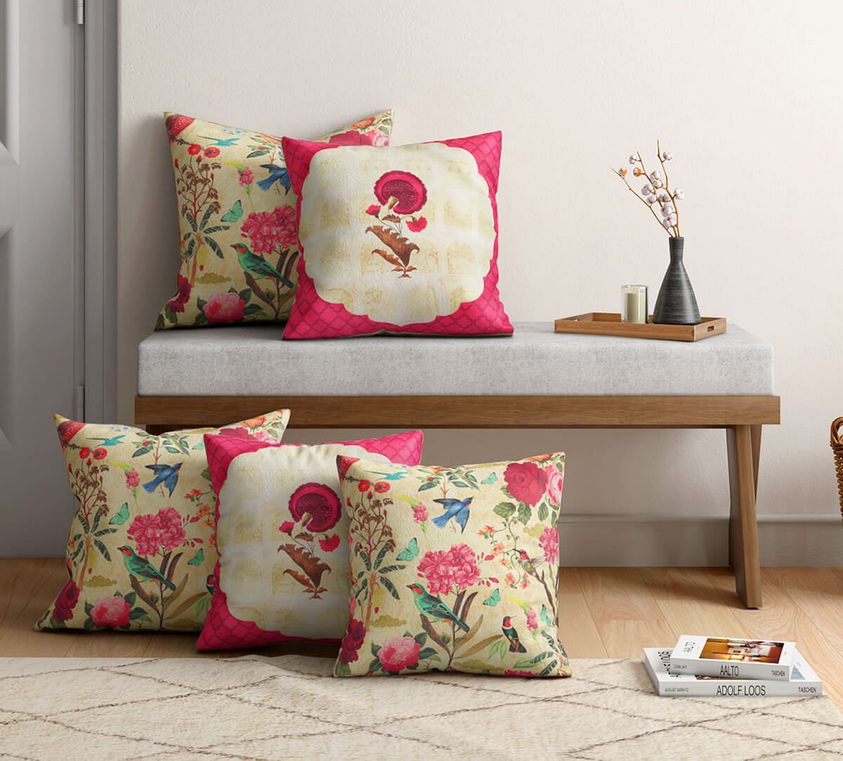 Poppy Bird Land Blended Velvet Cushion Cover Set of 5