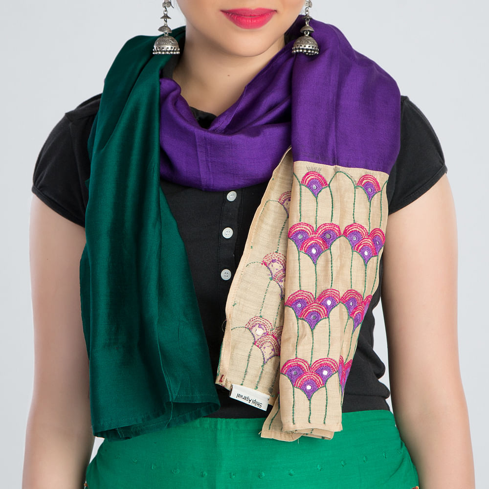 Green Purple Embroidered Silk Stole