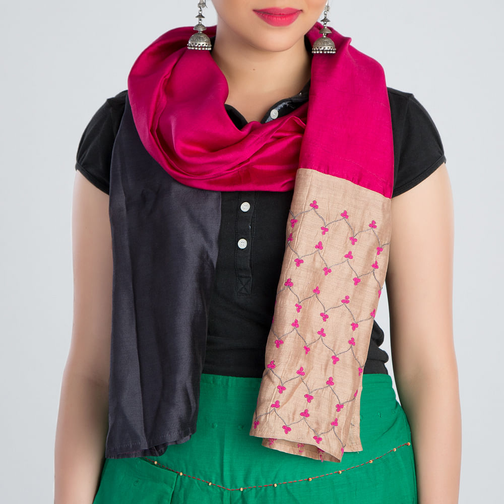 Grey Pink Embroidered Silk Stole