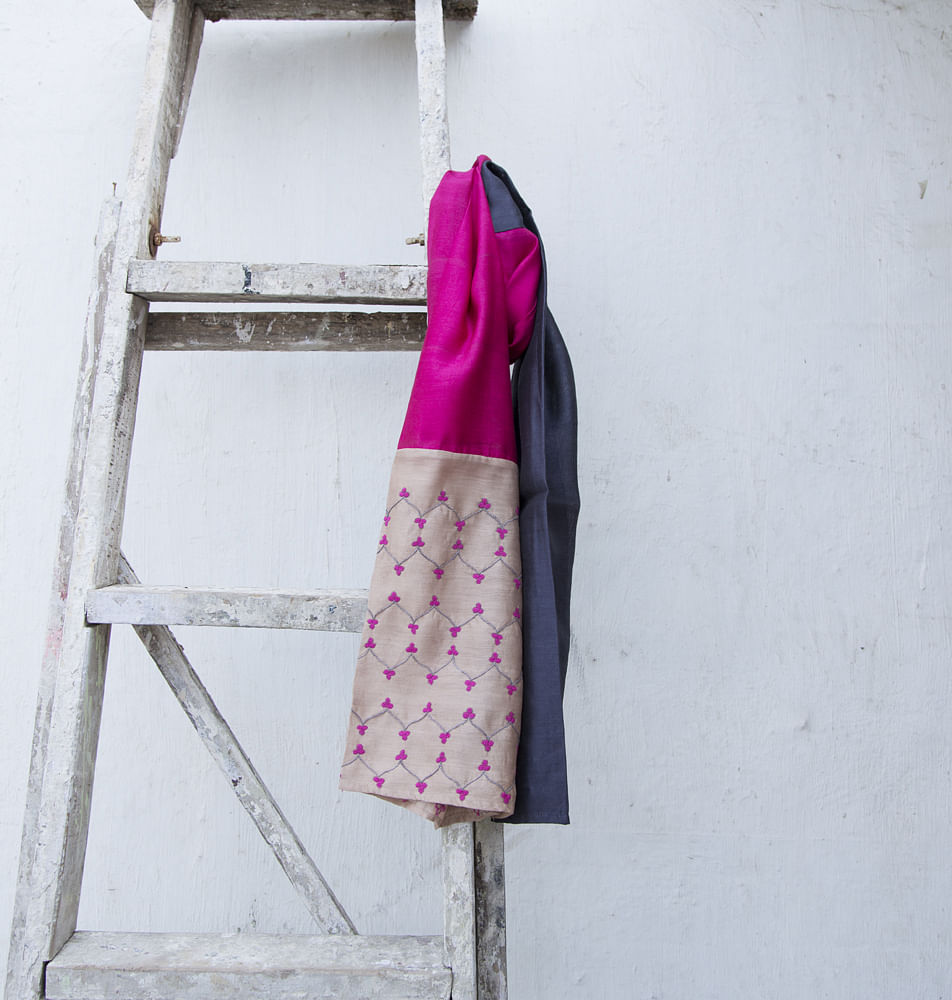 Grey Pink Embroidered Silk Stole