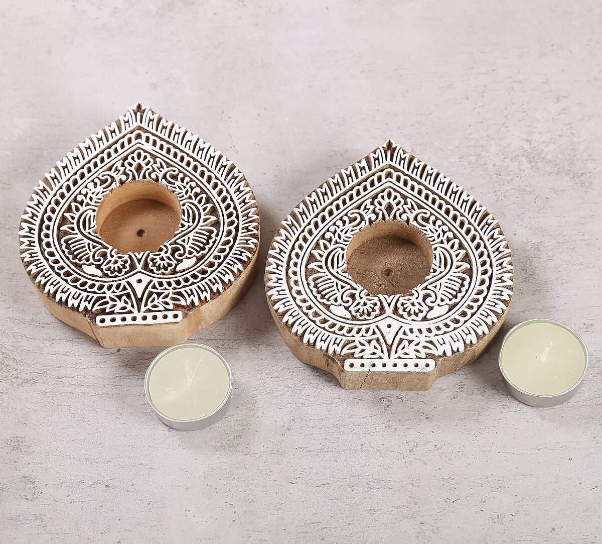 India Circus Arch Shaped Wooden Engraved Tea Light Holder Set of 2