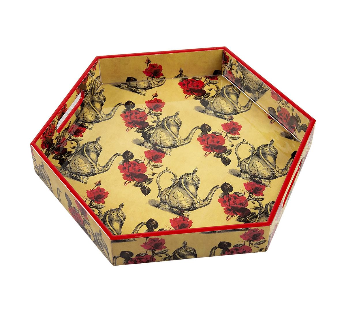 India Circus Beige Mystic Rose Kettles Hexagon Serving Tray