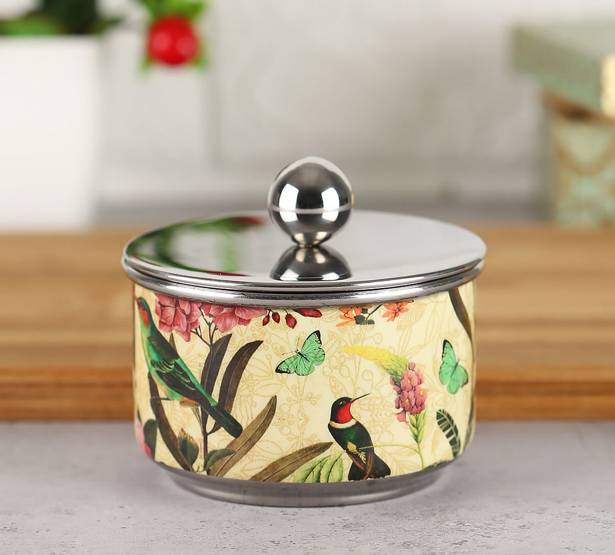 India Circus Bird Land Steel Bowl with Lid