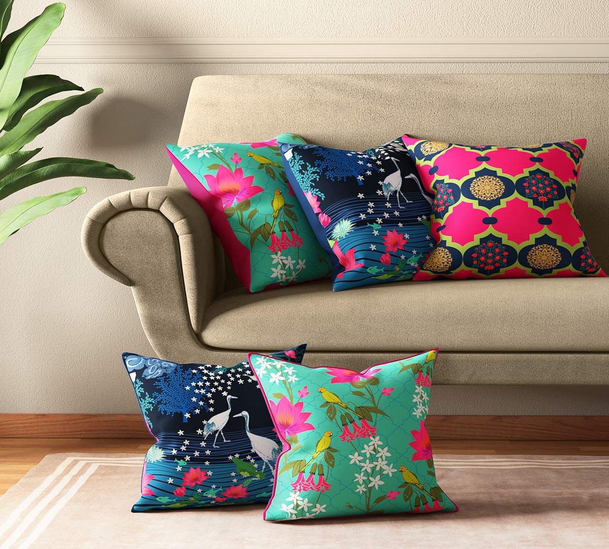 India Circus Blooms & Swans Cushion Cover Set of 5