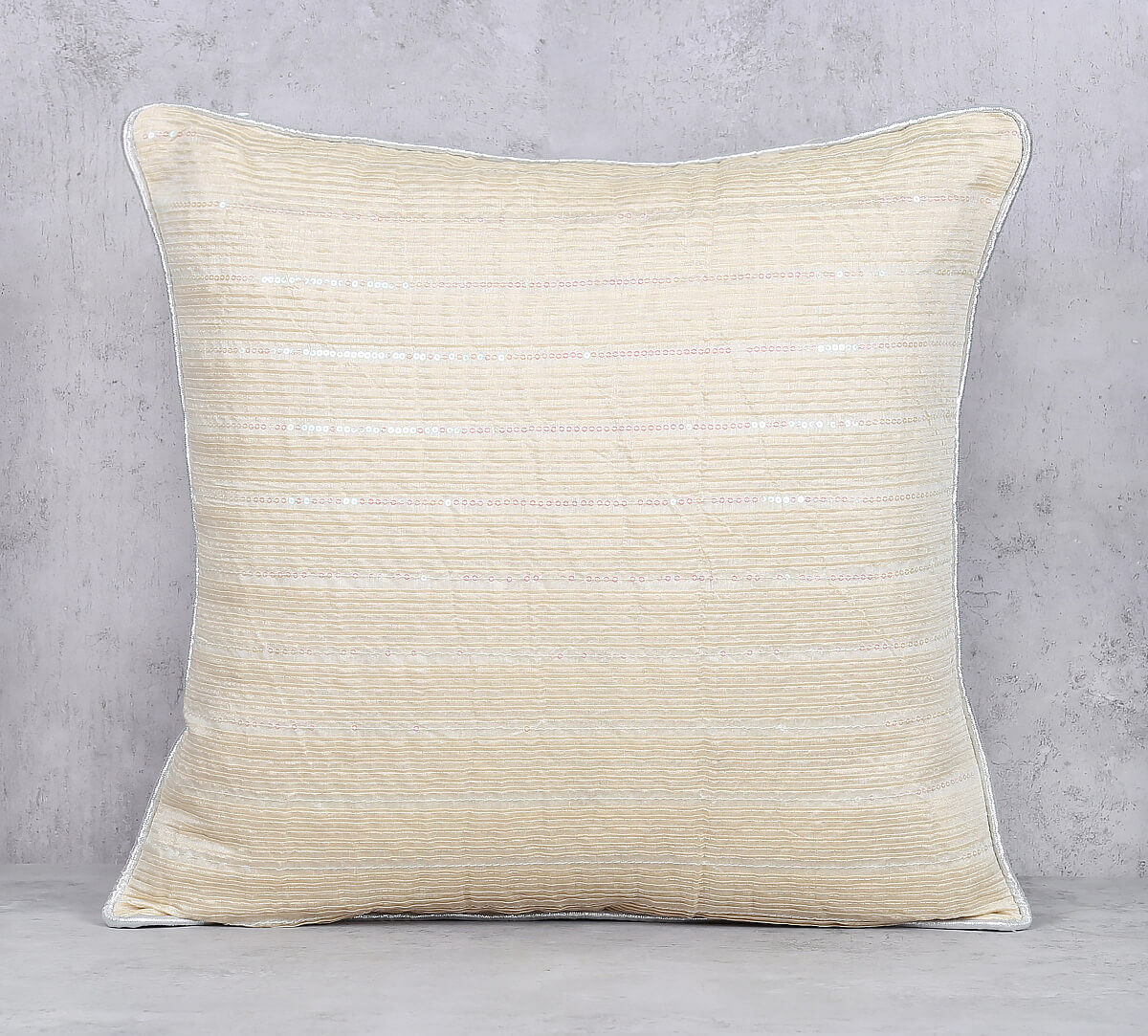 India Circus by Krsnaa Mehta Beige Gold Chanderi Sequins Work Cushion Cover