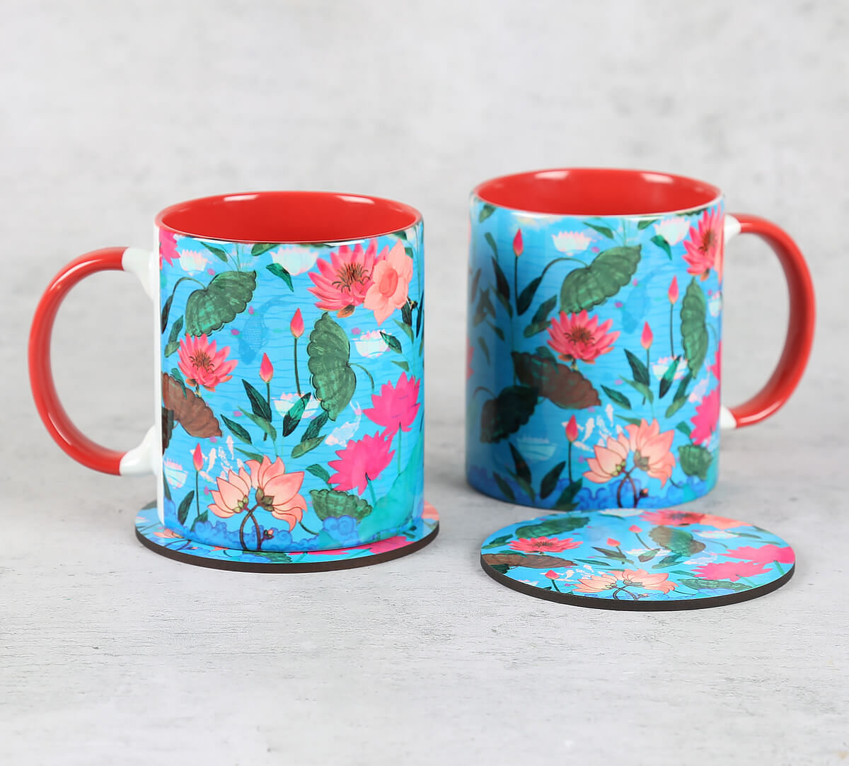 India Circus by Krsnaa Mehta Blossomy Mosaic Ceramic Mugs and Coasters Combo Set of 2