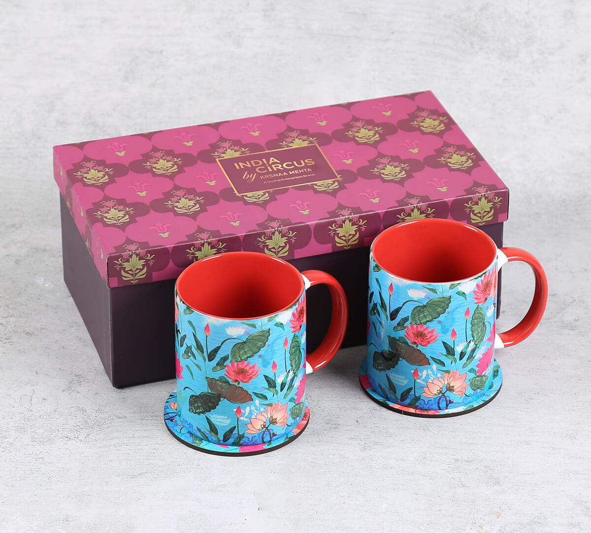 India Circus by Krsnaa Mehta Blossomy Mosaic Ceramic Mugs and Coasters Combo Set of 2