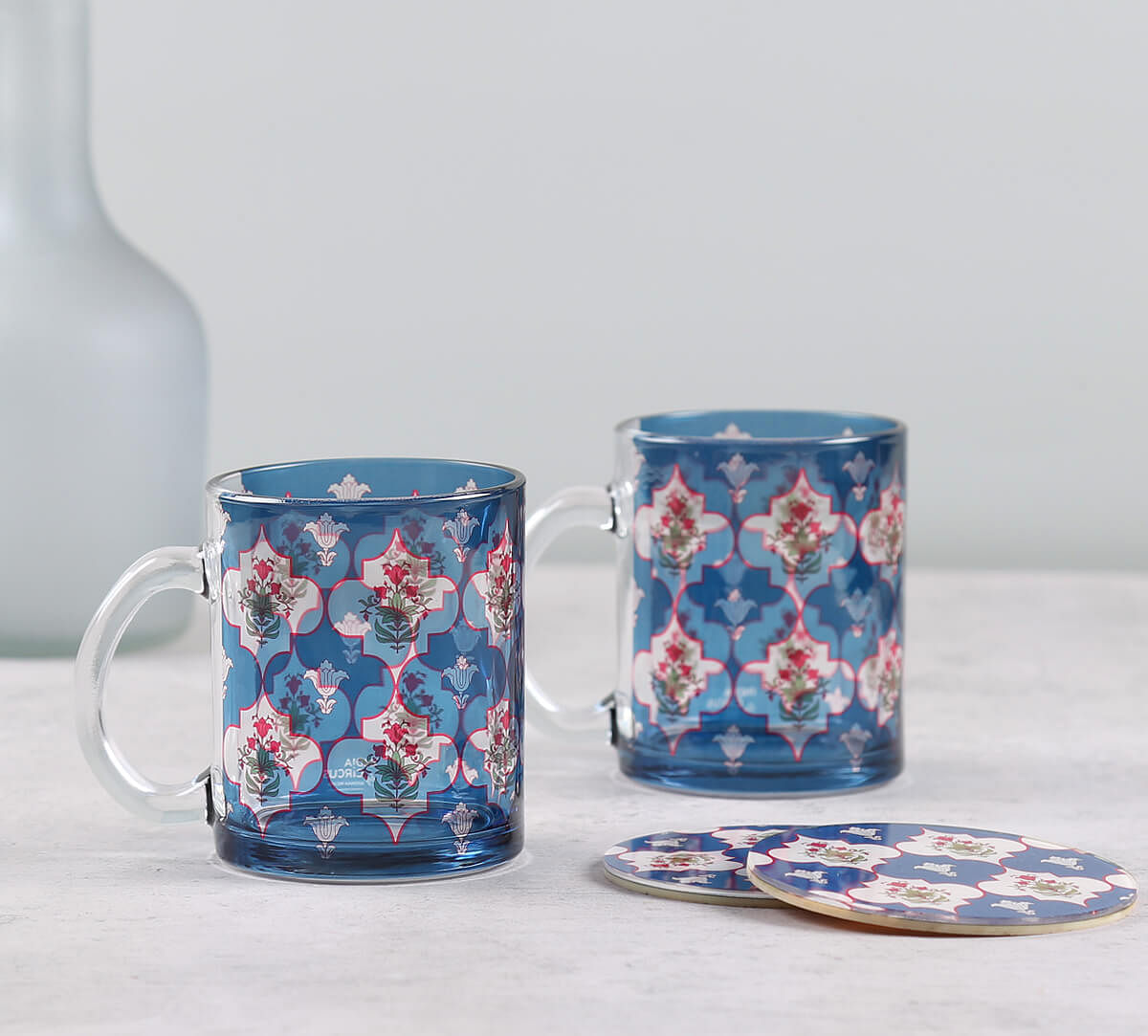 India Circus by Krsnaa Mehta Blue Lattice Treasures Glass Mugs & Coasters Combo - Set of 2