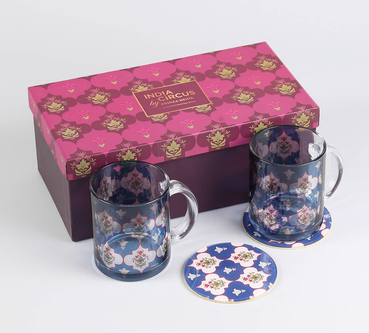 India Circus by Krsnaa Mehta Blue Lattice Treasures Glass Mugs & Coasters Combo - Set of 2