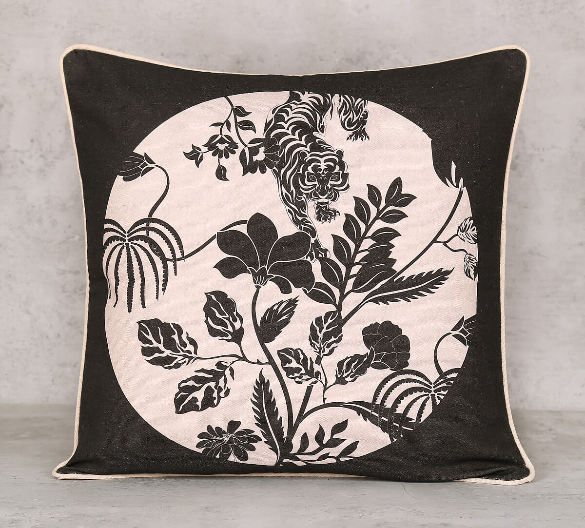 India Circus by Krsnaa Mehta Fleur Greyscale Cotton Duck Cushion Cover