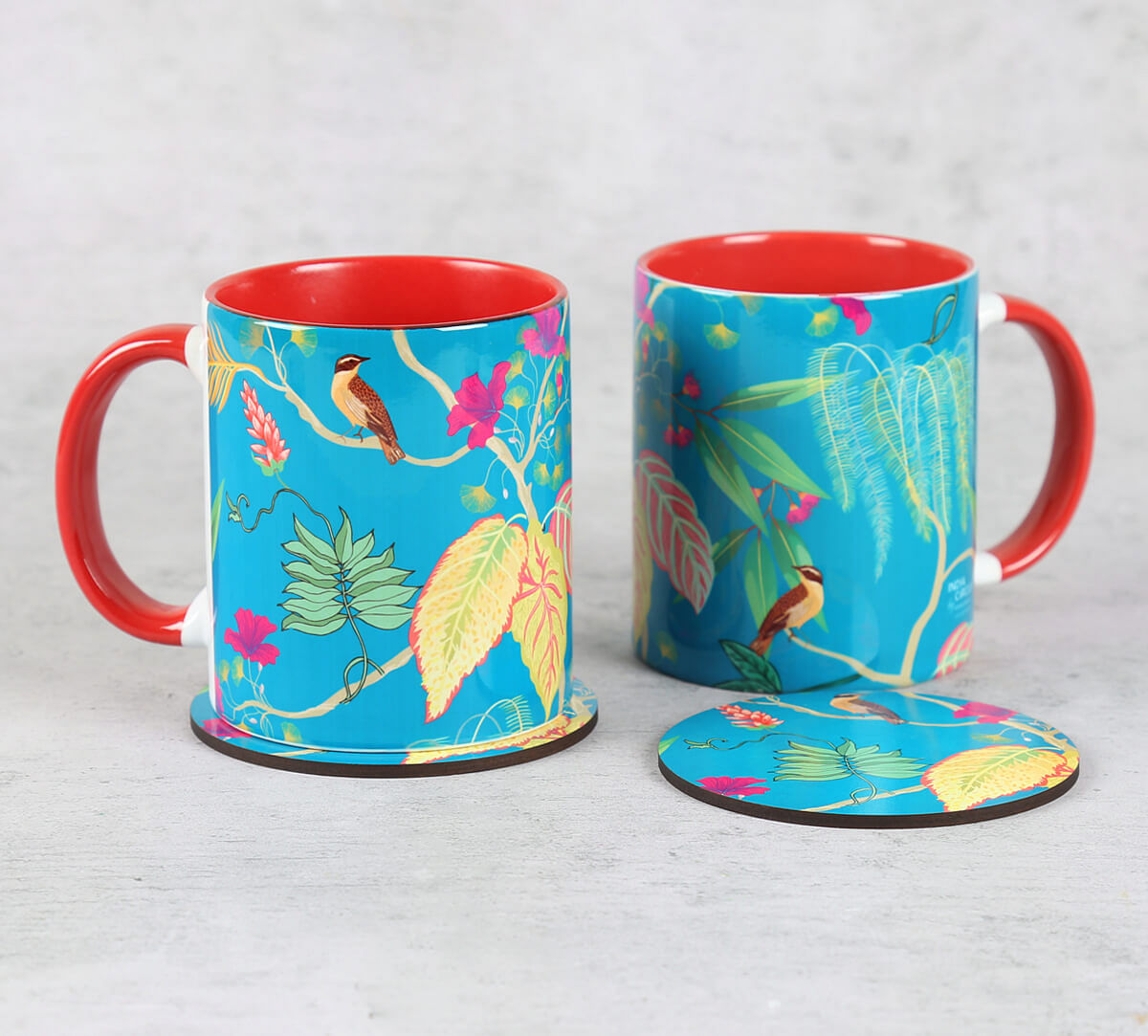 India Circus by Krsnaa Mehta Fronds and Florets Ceramic Mugs and Coasters Combo Set of 2