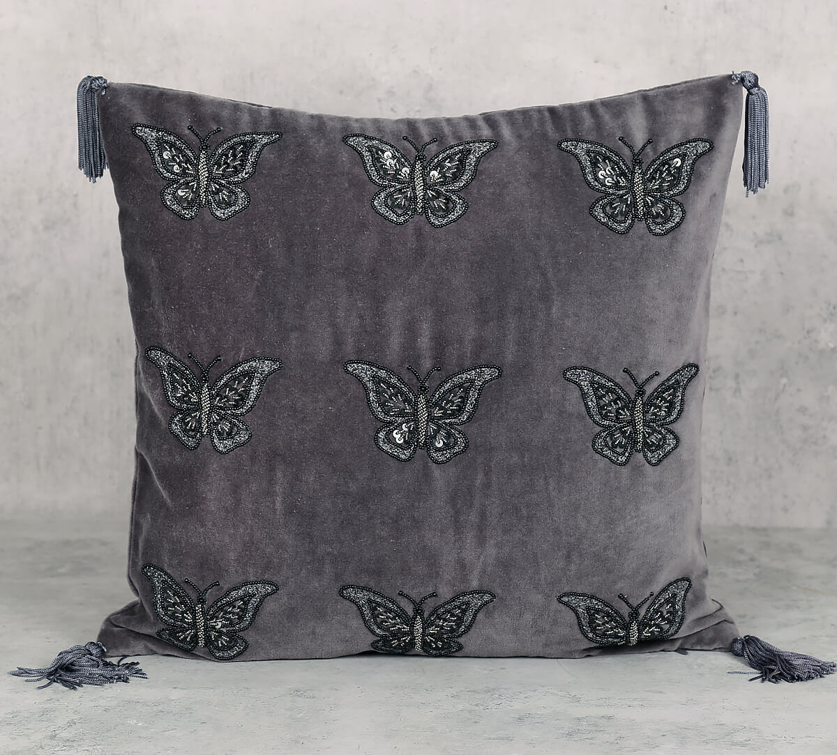 India Circus by Krsnaa Mehta Grey Butterfly Adorn Cushion Cover