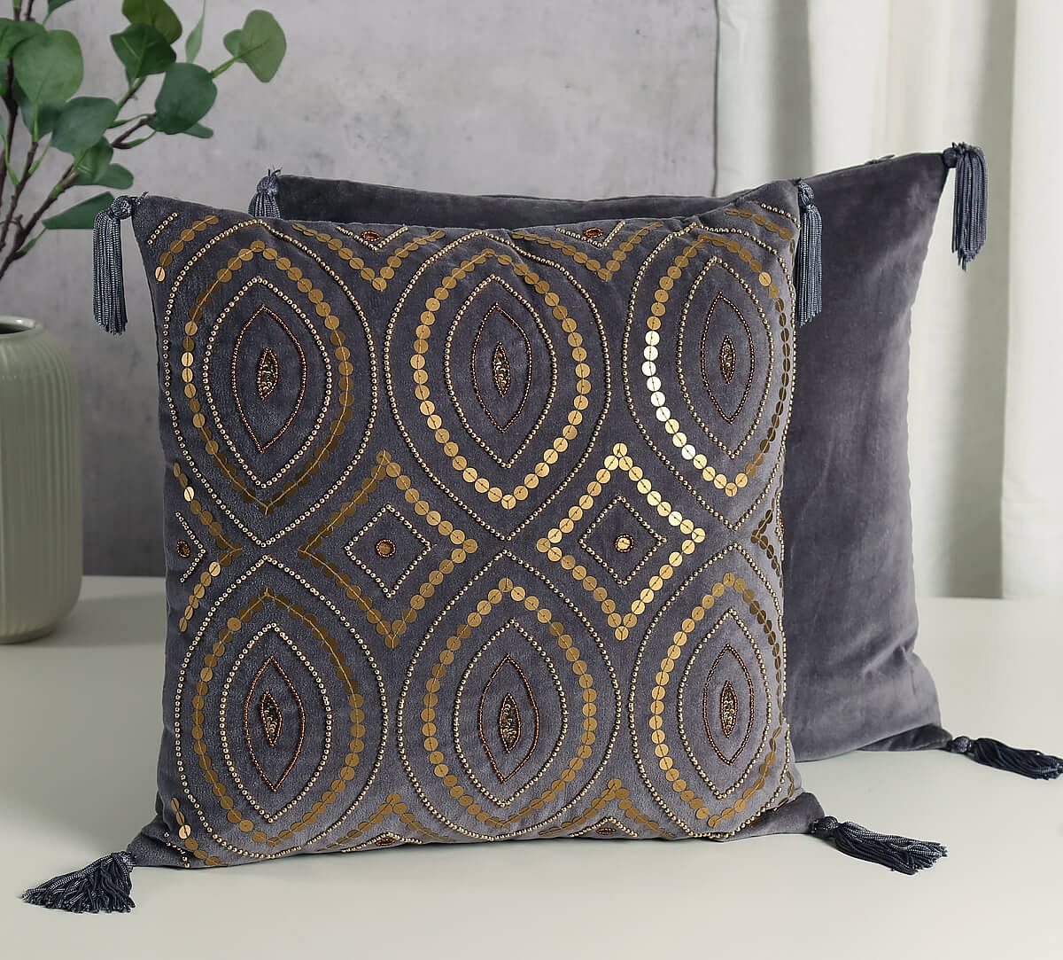 India Circus by Krsnaa Mehta Grey Decorated Adorn Cushion Cover