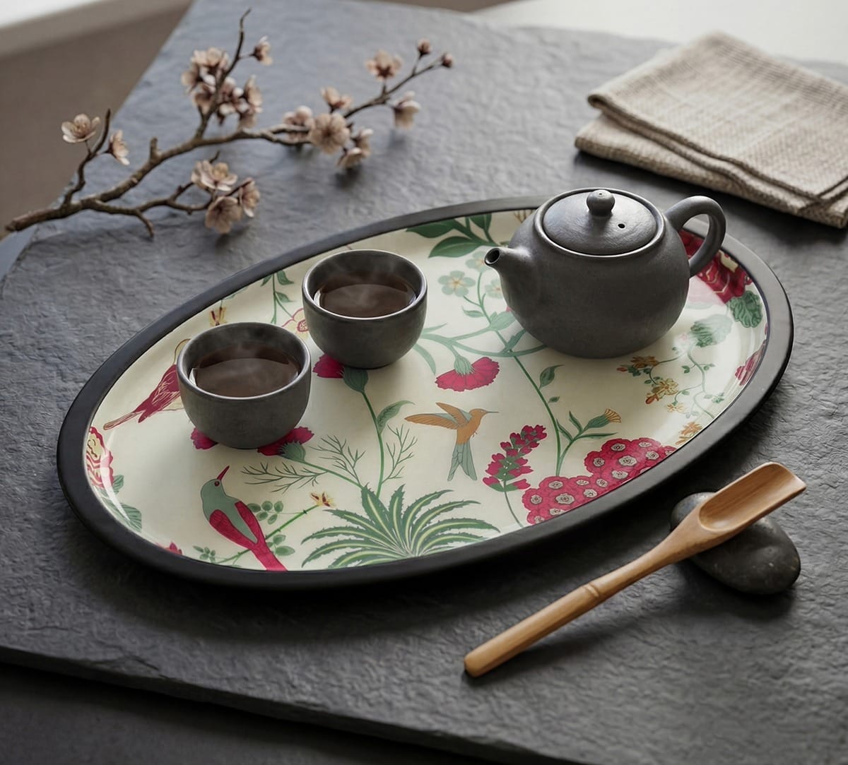 Grey Floral Galore Oval Tray