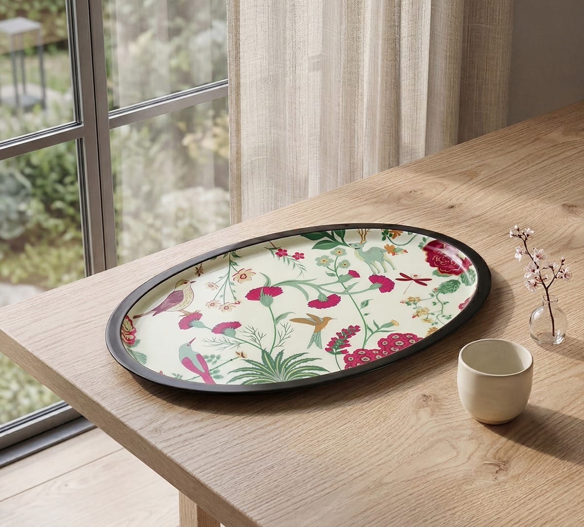 Grey Floral Galore Oval Tray