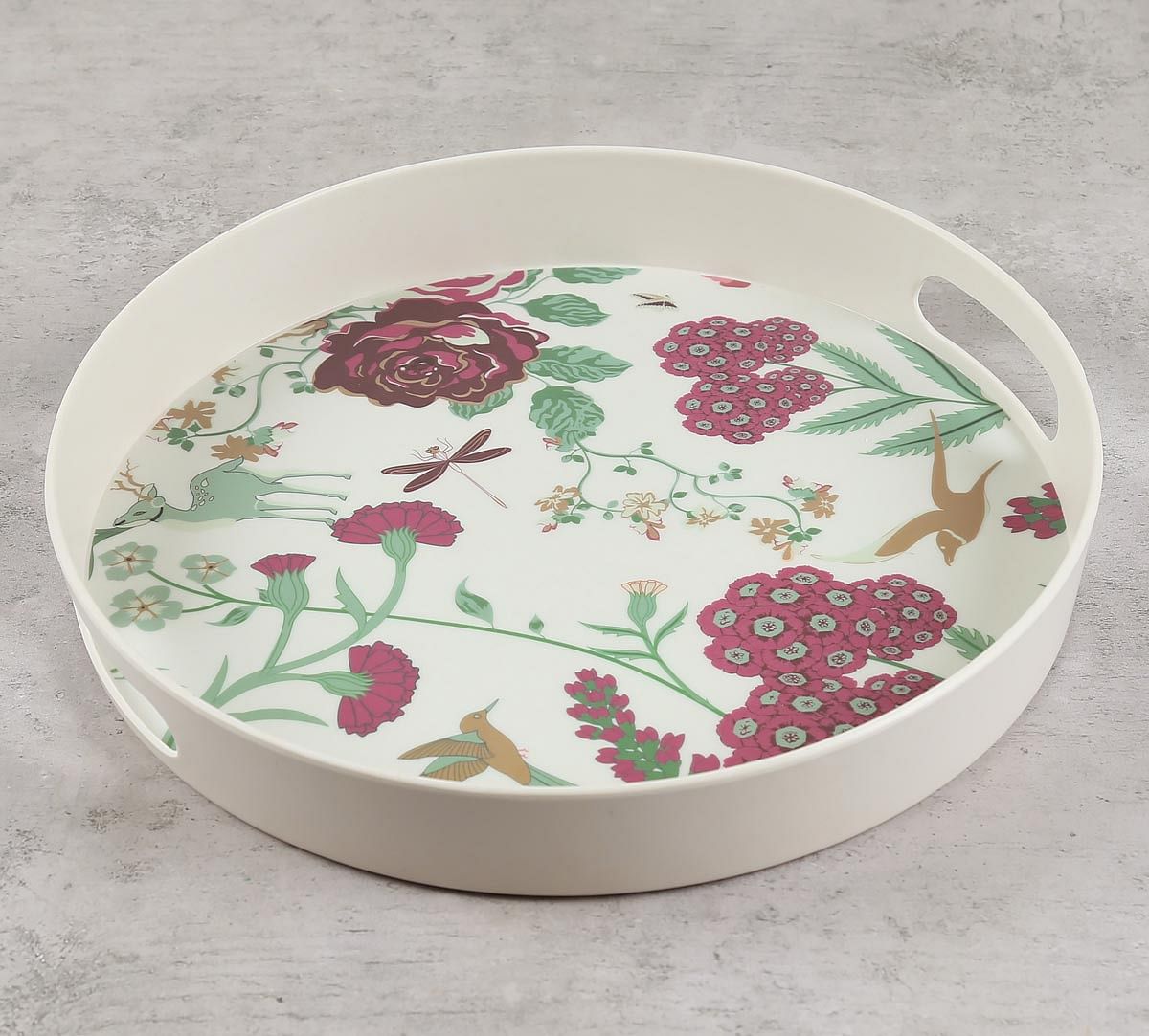 India Circus by Krsnaa Mehta Grey Floral Galore Round Bamboo Tray