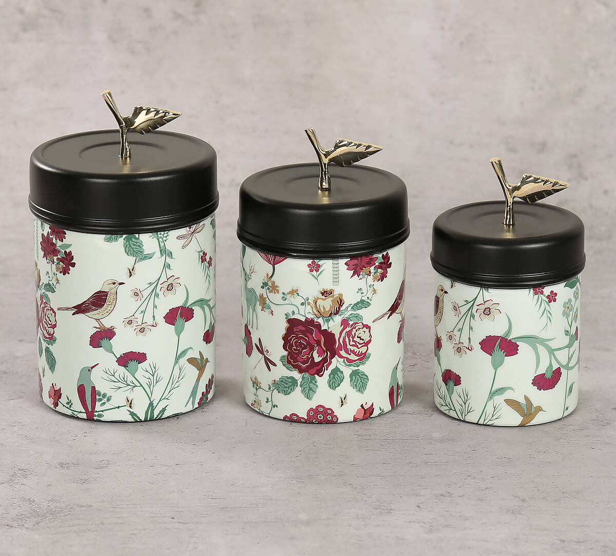 India Circus by Krsnaa Mehta Grey Floral Galore Steel Container Set of 3